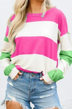 Fashion Dear-Lover Colorblock Striped Drop Shoulder Long Sleeve Top Rose Red