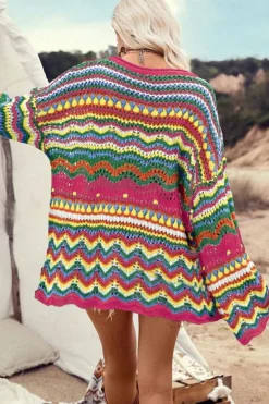 Sale Dear-Lover Colorblock Striped Hollowed Knit Loose Sleeve Sweater Rose Red