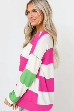 Fashion Dear-Lover Colorblock Striped Drop Shoulder Long Sleeve Top Rose Red