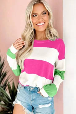 Fashion Dear-Lover Colorblock Striped Drop Shoulder Long Sleeve Top Rose Red