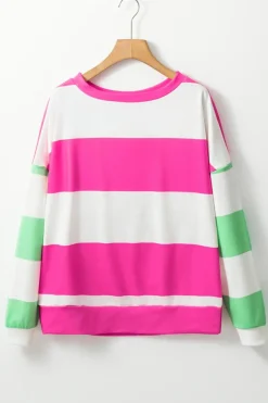 Fashion Dear-Lover Colorblock Striped Drop Shoulder Long Sleeve Top Rose Red