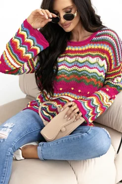 Sale Dear-Lover Colorblock Striped Hollowed Knit Loose Sleeve Sweater Rose Red
