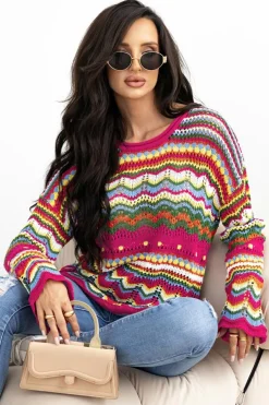 Sale Dear-Lover Colorblock Striped Hollowed Knit Loose Sleeve Sweater Rose Red