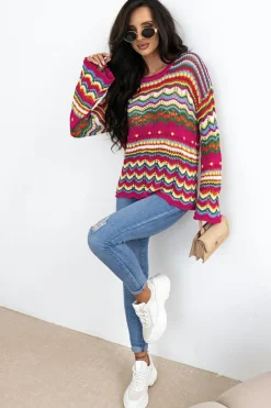 Sale Dear-Lover Colorblock Striped Hollowed Knit Loose Sleeve Sweater Rose Red