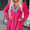 Discount Dear-Lover Colorful Crochet V Neck Textured Tiered Ruffled Long Sleeve Mini Dress Rose Red