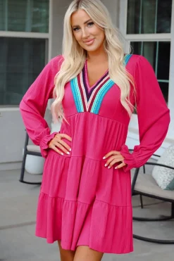 Discount Dear-Lover Colorful Crochet V Neck Textured Tiered Ruffled Long Sleeve Mini Dress Rose Red