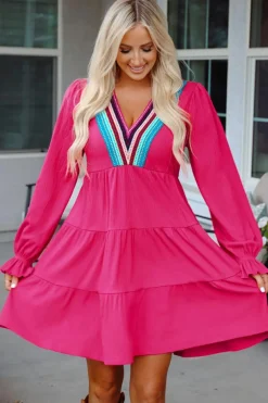 Discount Dear-Lover Colorful Crochet V Neck Textured Tiered Ruffled Long Sleeve Mini Dress Rose Red
