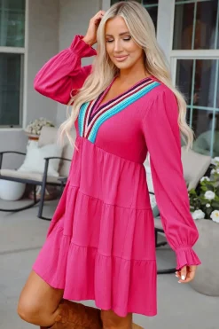 Discount Dear-Lover Colorful Crochet V Neck Textured Tiered Ruffled Long Sleeve Mini Dress Rose Red