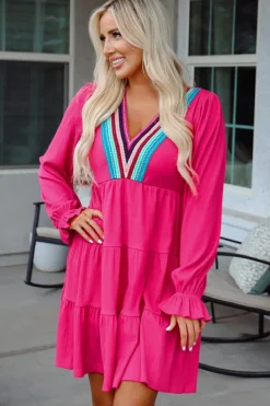 Discount Dear-Lover Colorful Crochet V Neck Textured Tiered Ruffled Long Sleeve Mini Dress Rose Red
