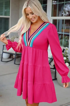 Discount Dear-Lover Colorful Crochet V Neck Textured Tiered Ruffled Long Sleeve Mini Dress Rose Red