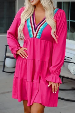 Discount Dear-Lover Colorful Crochet V Neck Textured Tiered Ruffled Long Sleeve Mini Dress Rose Red