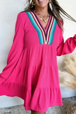 Discount Dear-Lover Colorful Crochet V Neck Textured Tiered Ruffled Long Sleeve Mini Dress Rose Red