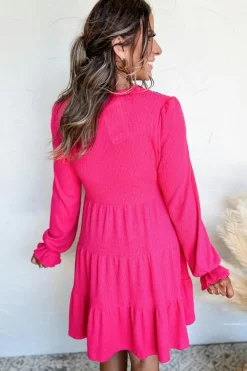 Discount Dear-Lover Colorful Crochet V Neck Textured Tiered Ruffled Long Sleeve Mini Dress Rose Red