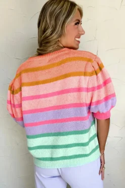 New Dear-Lover Colorful Stripe Bubble Short Sleeve Sweater Rose Red