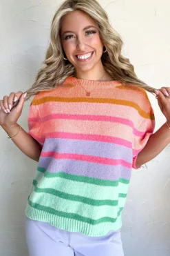 New Dear-Lover Colorful Stripe Bubble Short Sleeve Sweater Rose Red
