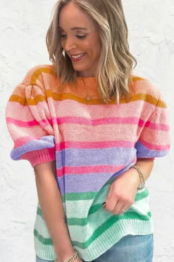New Dear-Lover Colorful Stripe Bubble Short Sleeve Sweater Rose Red
