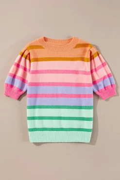 New Dear-Lover Colorful Stripe Bubble Short Sleeve Sweater Rose Red