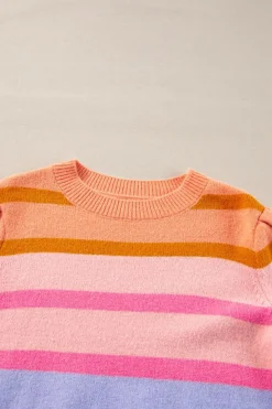 New Dear-Lover Colorful Stripe Bubble Short Sleeve Sweater Rose Red