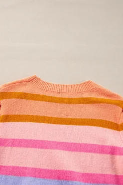 New Dear-Lover Colorful Stripe Bubble Short Sleeve Sweater Rose Red