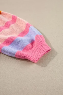New Dear-Lover Colorful Stripe Bubble Short Sleeve Sweater Rose Red