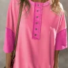 Best Dear-Lover Contrast Color Patchwork Half Button T Shirt Rose Red