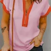 Hot Dear-Lover Contrast Trim Color Block Front Zipped T Shirt Rose Red