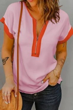 Hot Dear-Lover Contrast Trim Color Block Front Zipped T Shirt Rose Red