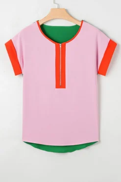 Hot Dear-Lover Contrast Trim Color Block Front Zipped T Shirt Rose Red