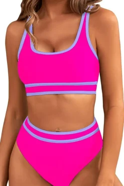 Fashion Dear-Lover Contrast Trimmed U Neck High Waist Bikini Rose Red