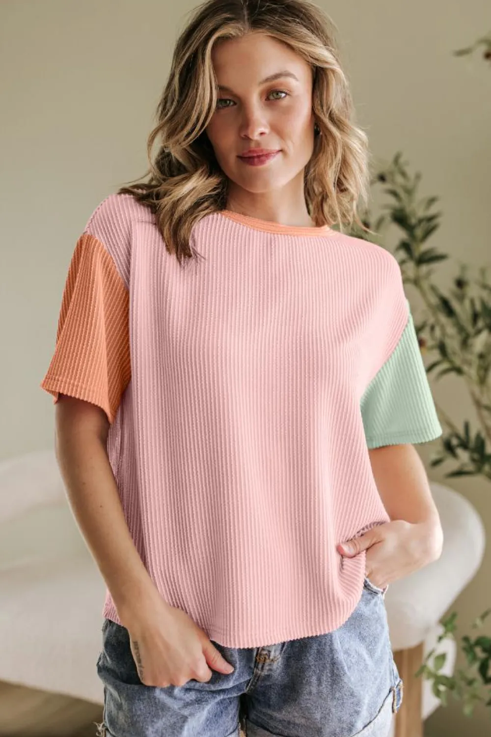 Online Dear-Lover Corded Colorblock Crewneck Tee Rose Red