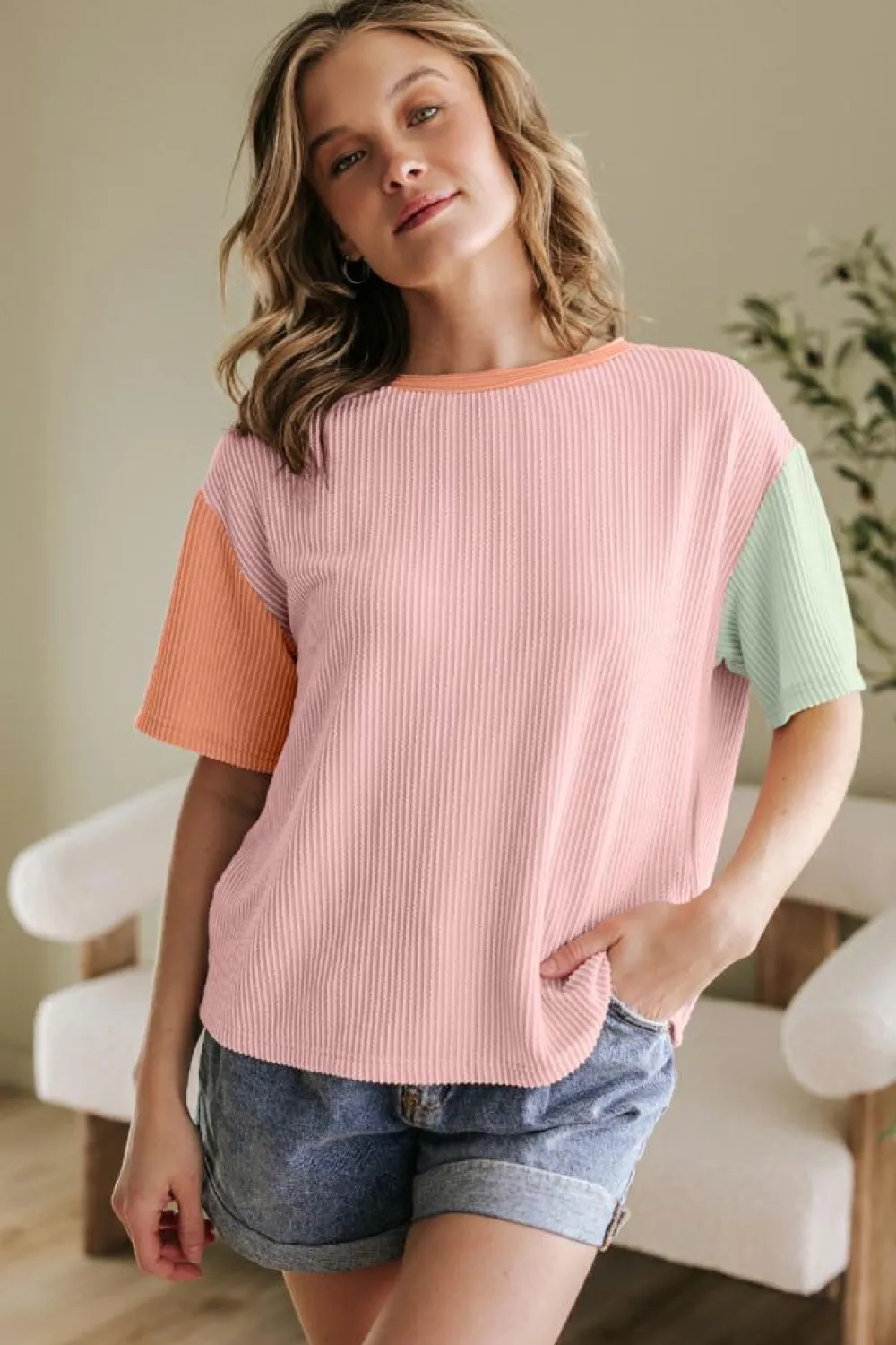 Online Dear-Lover Corded Colorblock Crewneck Tee Rose Red