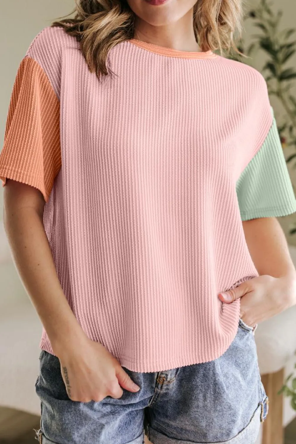 Online Dear-Lover Corded Colorblock Crewneck Tee Rose Red
