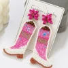 Clearance Dear-Lover Cowboy Boots Rice Bead Dangle Earrings Rose Red