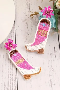 Clearance Dear-Lover Cowboy Boots Rice Bead Dangle Earrings Rose Red