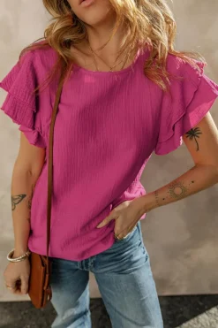 New Dear-Lover Crinkled Cotton Gauze Ruffle Sleeve Blouse Rose Red