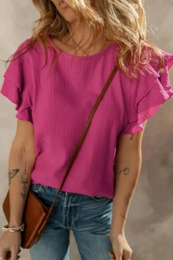 New Dear-Lover Crinkled Cotton Gauze Ruffle Sleeve Blouse Rose Red