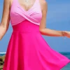 Fashion Dear-Lover Crisscross Straps Tie Back Flared One Piece Swimsuit Rose Red