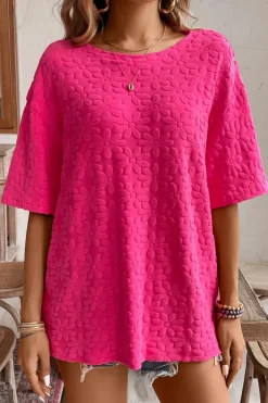 Online Dear-Lover Daisy Flower Jacquard Half Sleeve T Shirt Rose Red