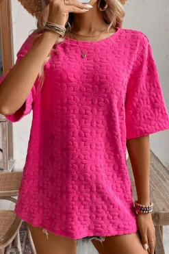 Online Dear-Lover Daisy Flower Jacquard Half Sleeve T Shirt Rose Red