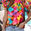 Online Dear-Lover Dramatic Ruffle Sleeve Smock Neck Wavy Print Top Rose Red