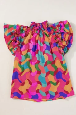 Online Dear-Lover Dramatic Ruffle Sleeve Smock Neck Wavy Print Top Rose Red