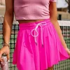 Best Dear-Lover Drawstring Elastic Waist Lined Ruffle Shorts Bikini Bottom Rose Red