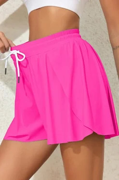 Best Dear-Lover Drawstring Elastic Waist Lined Ruffle Shorts Bikini Bottom Rose Red