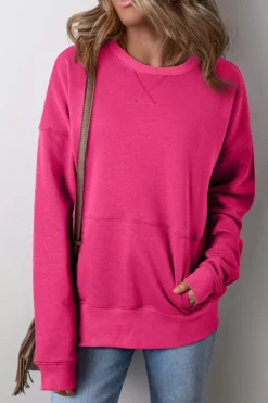 New Dear-Lover Drop Shoulder Crisscross Stitching Pocketed Loose Sweatshirt Rose Red