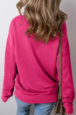 New Dear-Lover Drop Shoulder Crisscross Stitching Pocketed Loose Sweatshirt Rose Red