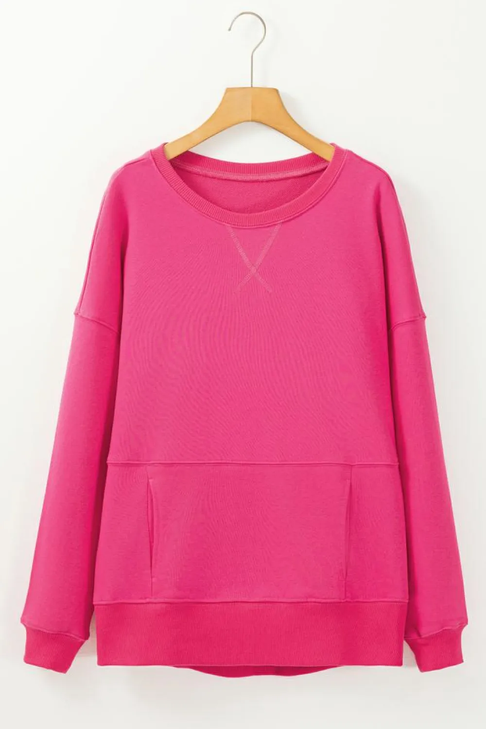 New Dear-Lover Drop Shoulder Crisscross Stitching Pocketed Loose Sweatshirt Rose Red