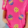 Sale Dear-Lover Easter Eggs Patched Crew Neck Graphic Tee Rose Red