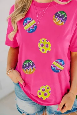 Sale Dear-Lover Easter Eggs Patched Crew Neck Graphic Tee Rose Red