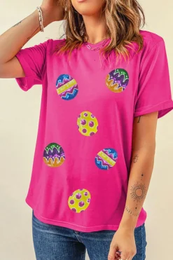 Sale Dear-Lover Easter Eggs Patched Crew Neck Graphic Tee Rose Red