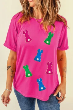 Outlet Dear-Lover Easter Rabbit Chenille Patched Pattern Crew Neck Tee Rose Red
